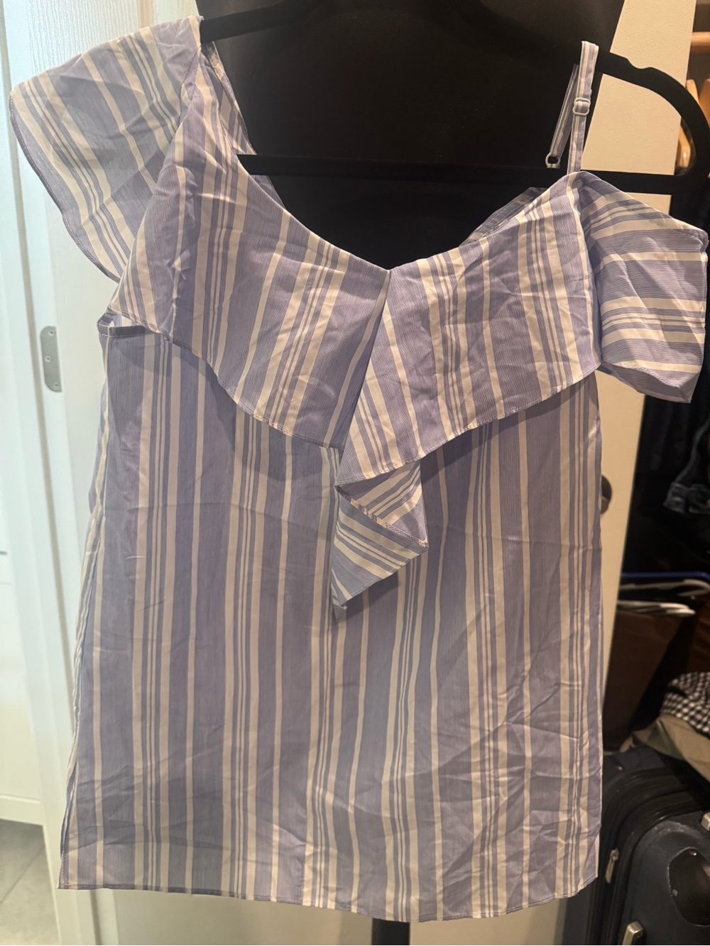 Striped Lavender Off-Shoulder Ruffle Blouse
